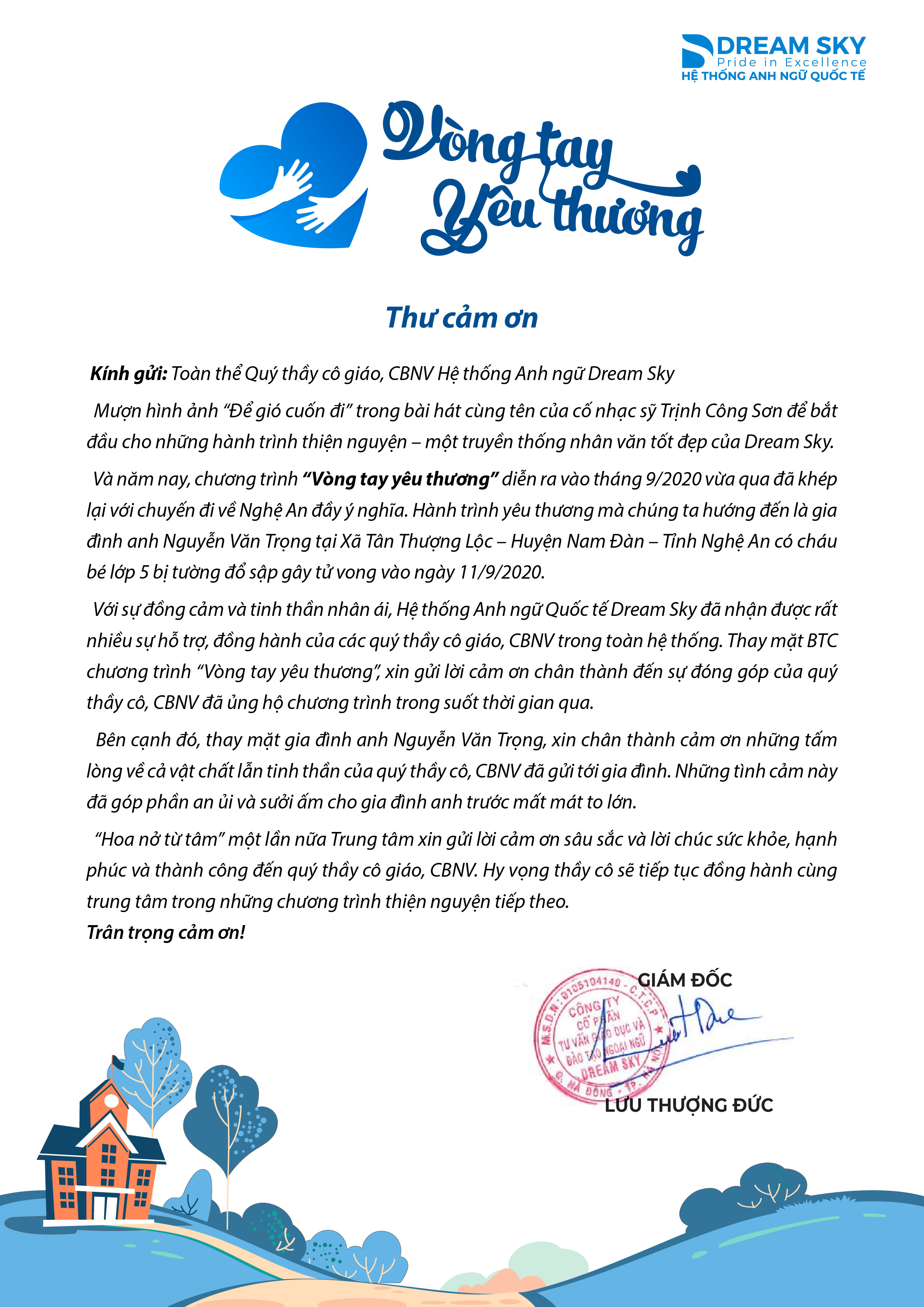 THƯ CẢM ƠN CHƯƠNG TRÌNH "VÒNG TAY YÊU THƯƠNG"