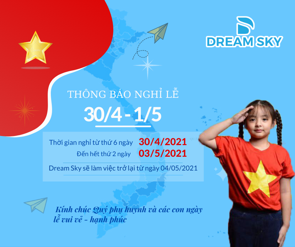 THÔNG BÁO  V/v: Thông báo lịch nghỉ lễ 30/4 & 1/5 năm 2021