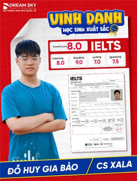 Vinh danh học viên Đỗ Huy Gia Bảo với thành tích IELTS 8.0