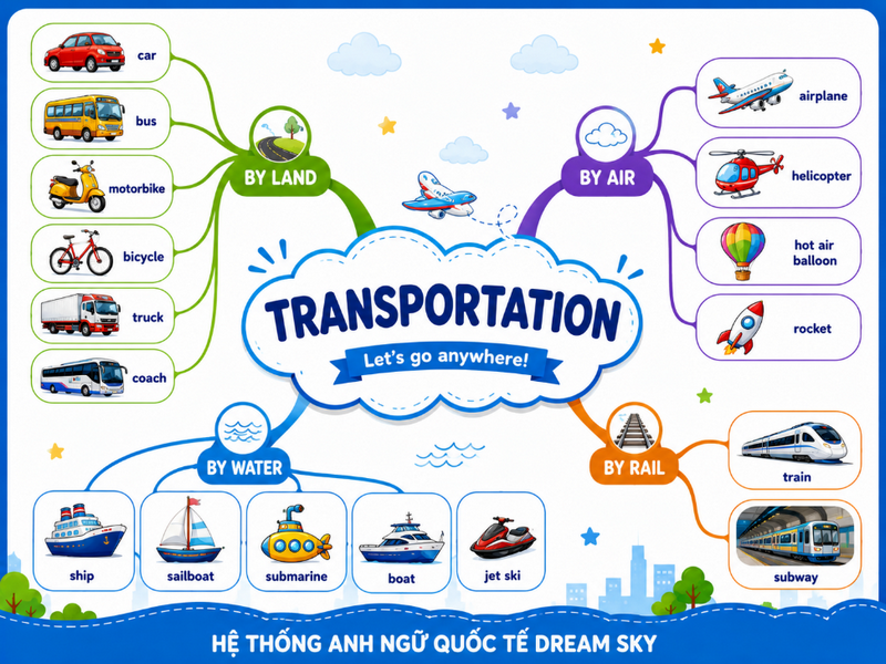 Mind Map Topic Transportation – Khám phá thế giới phương tiện giao thông bằng tiếng Anh cùng bé