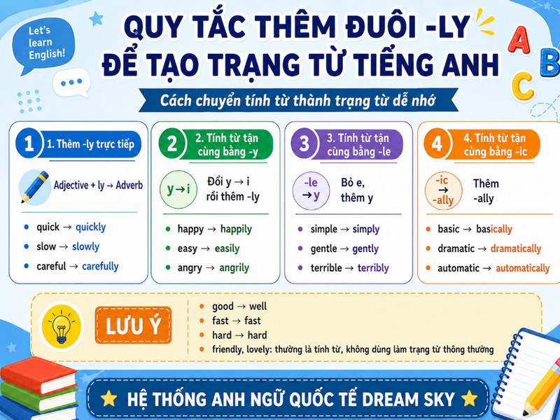 Quy tắc thêm đuôi -ly để tạo trạng từ tiếng Anh