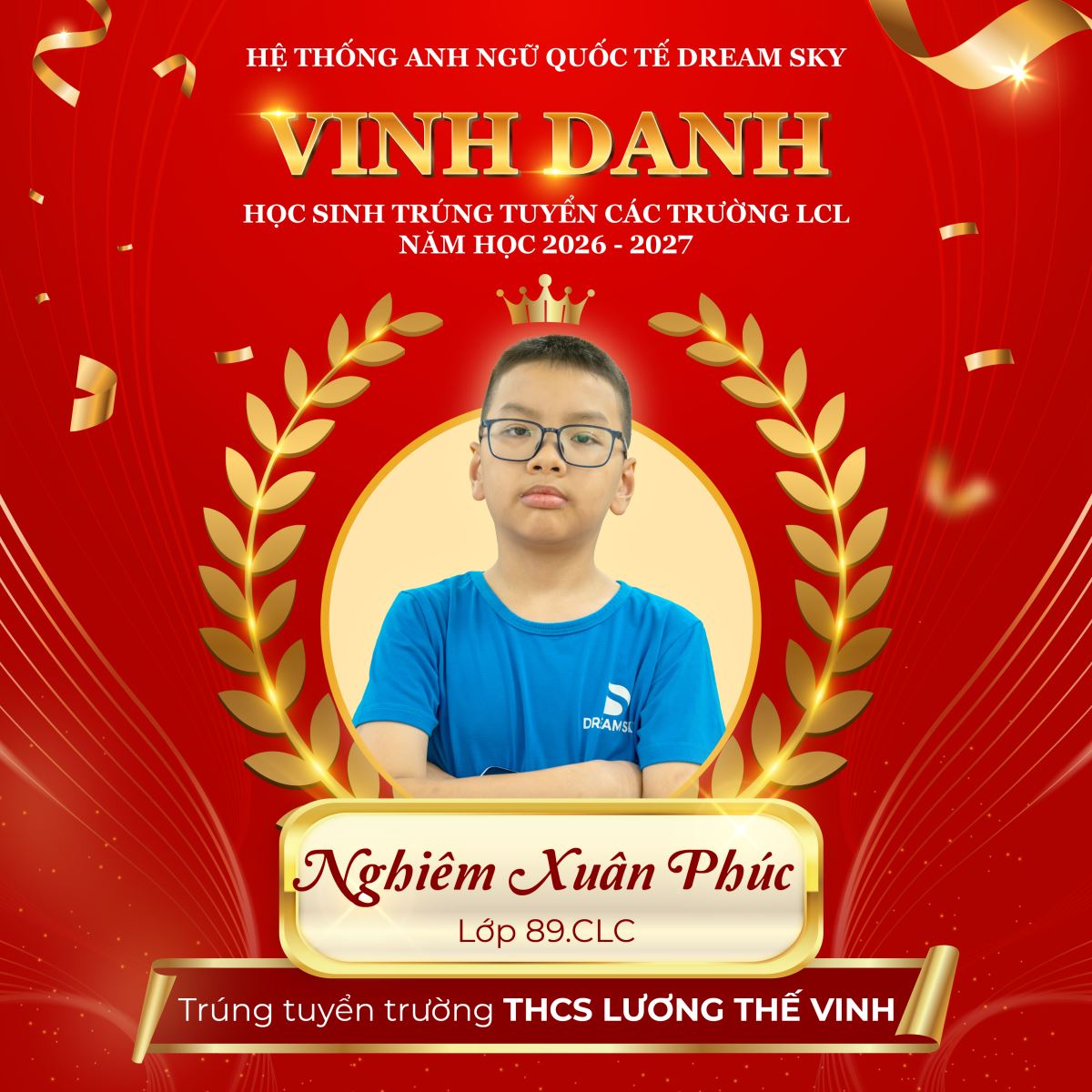 Nghiêm Xuân Phúc lớp 89.CLC trúng tuyển trường THCS Lương Thế Vinh